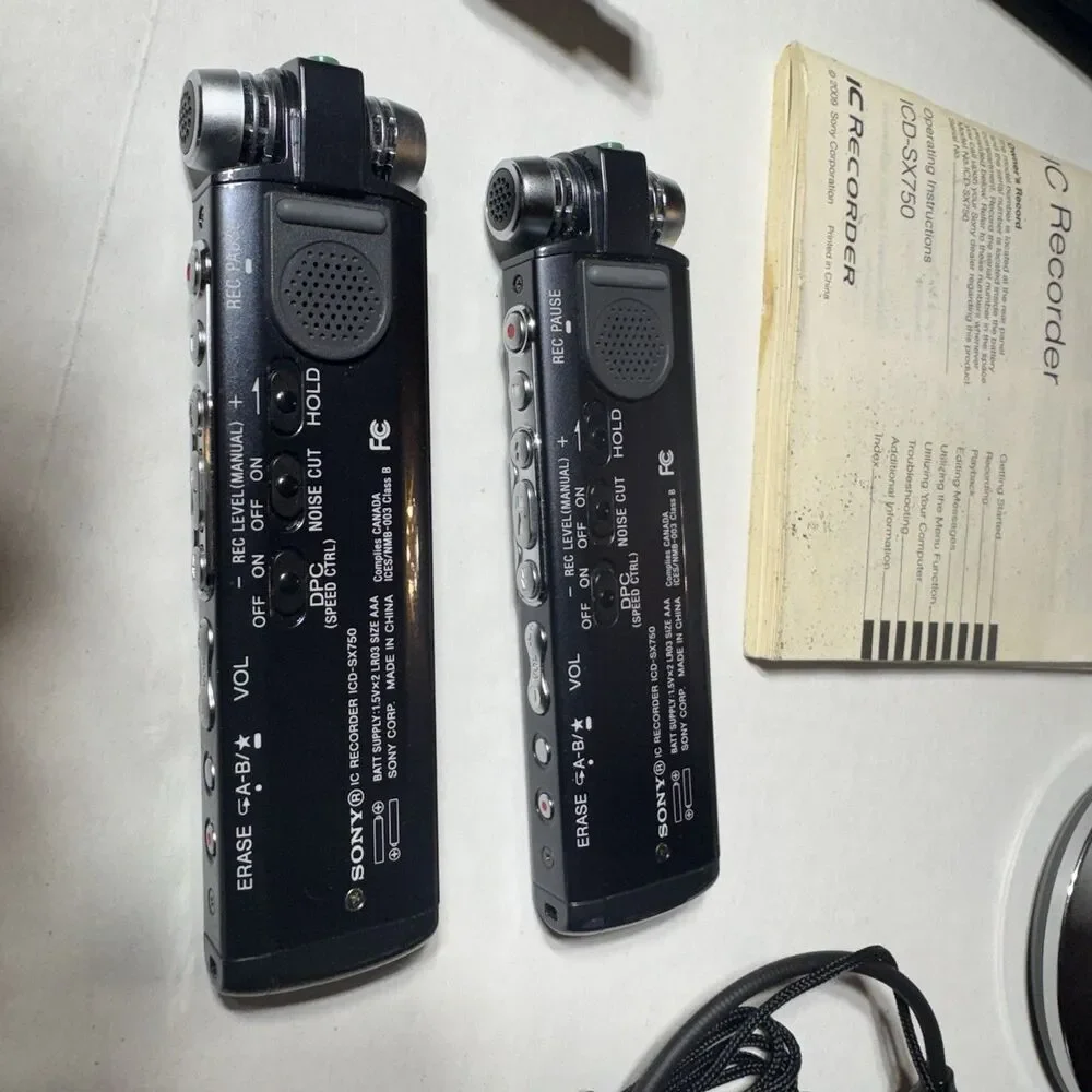 Two Sony ICD SX750 Digital Recorders with Cases, Dock, Cables, Manual